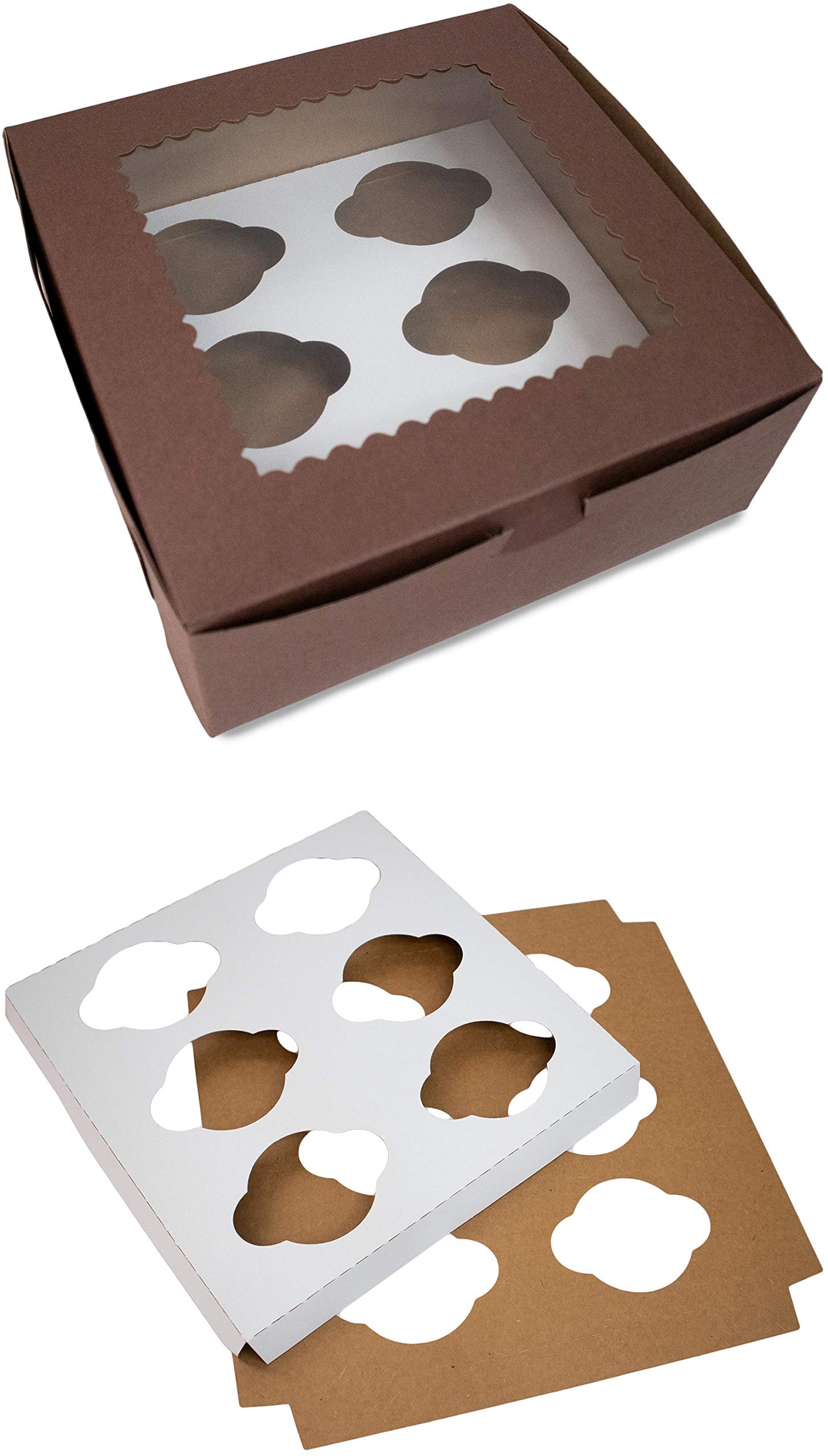 Made in USA 10" X 10" X 4" Recycled Chocolate Kraft Boxes for 6 Cupcakes with Scalloped Window & Inserts (Pack of 10 – Front Loading)