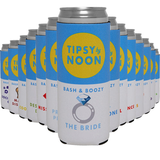 Funky Junque Bachelorette Party Favors Slim Can Cooler, Funny Bridesmaid & Bride Gifts for Girls Trip, Bridal Shower Decorations & Accessories, 12 oz Skinny Can Covers - Tipsy by Noon - 14 Pack