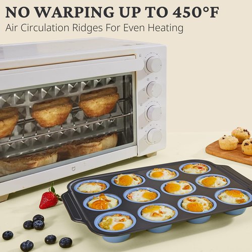 BRONYPRO Silicone Muffin Pans for Baking with Metal Frame, Egg Bite Molds, Cupcake Pans 12 Regular Size, Muffin Tins Easy to Pop Nonstick Non Toxic Bakeware for Oven,Blue
