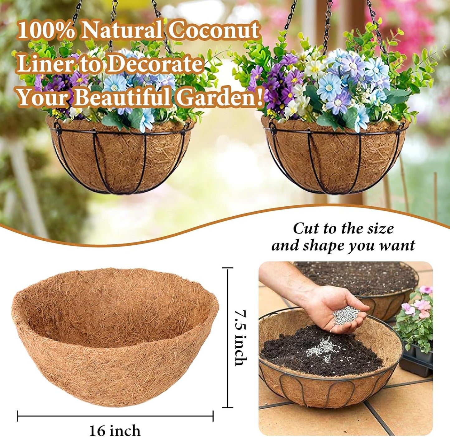 Legigo 16-Inch Coco Fiber Hanging Basket Liners - 100% Natural Replacement for Flowers & Vegetables