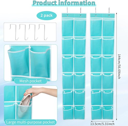 GOMAJI Hanging Shoe Organizer - 12 Large Pockets Over the Door - Turquoise Color