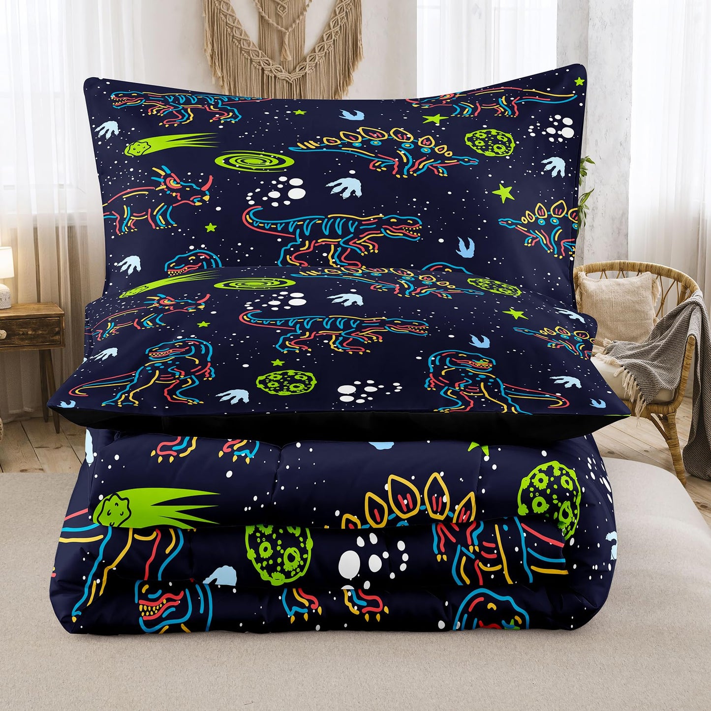 NINENINE Dinosaur Bedding Sets for Boys Kids,Dark Blue Retro Dinosaur Comforter Set,Queen Size Comforter Sets for Kids,with 1 Comforter 2 Pillowcases