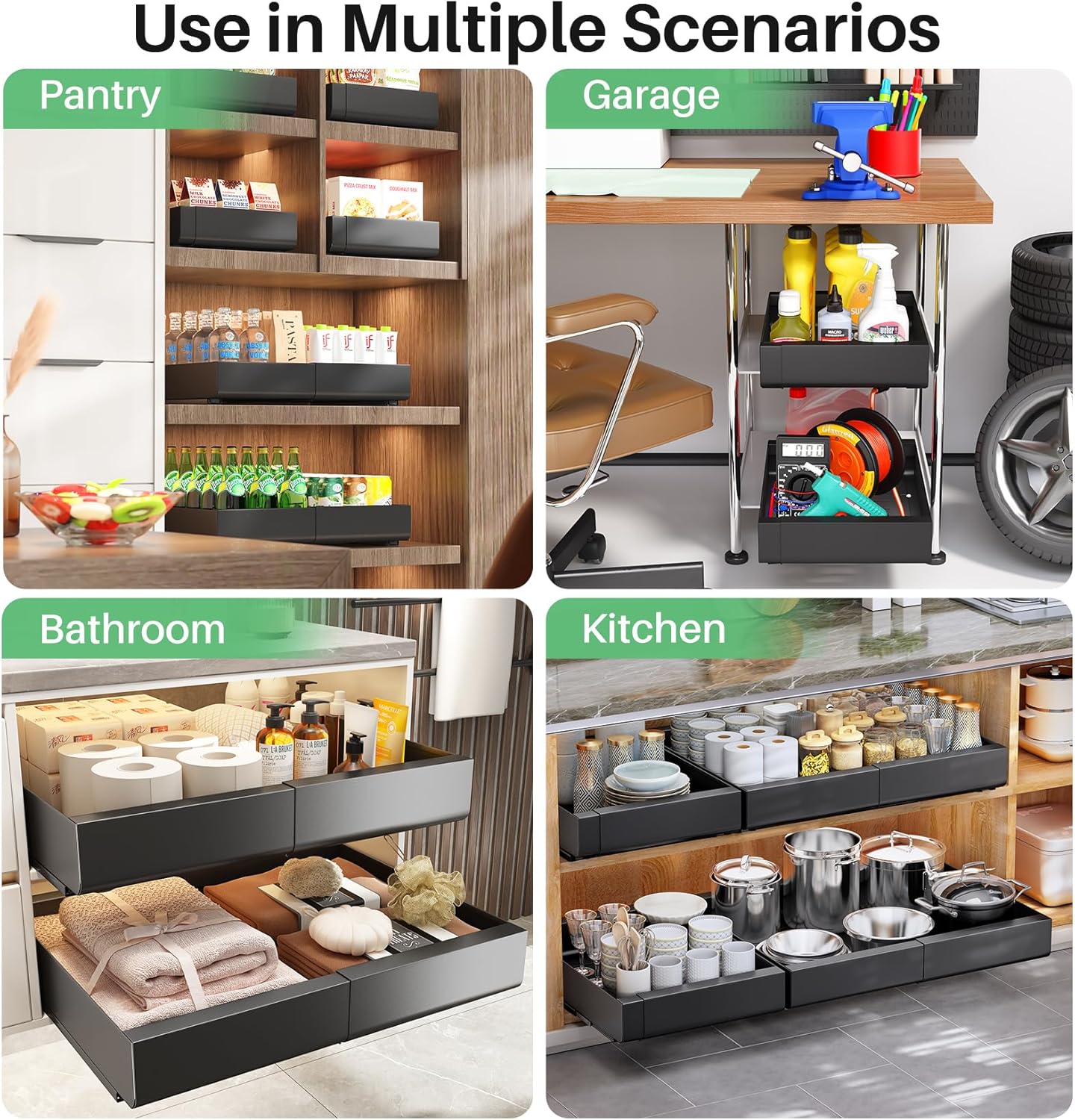 Skiennix Pull Out Cabinet Organizer - Expandable Heavy Duty Slide-Out Drawer (12"-20") for Kitchen & Bathroom Storage