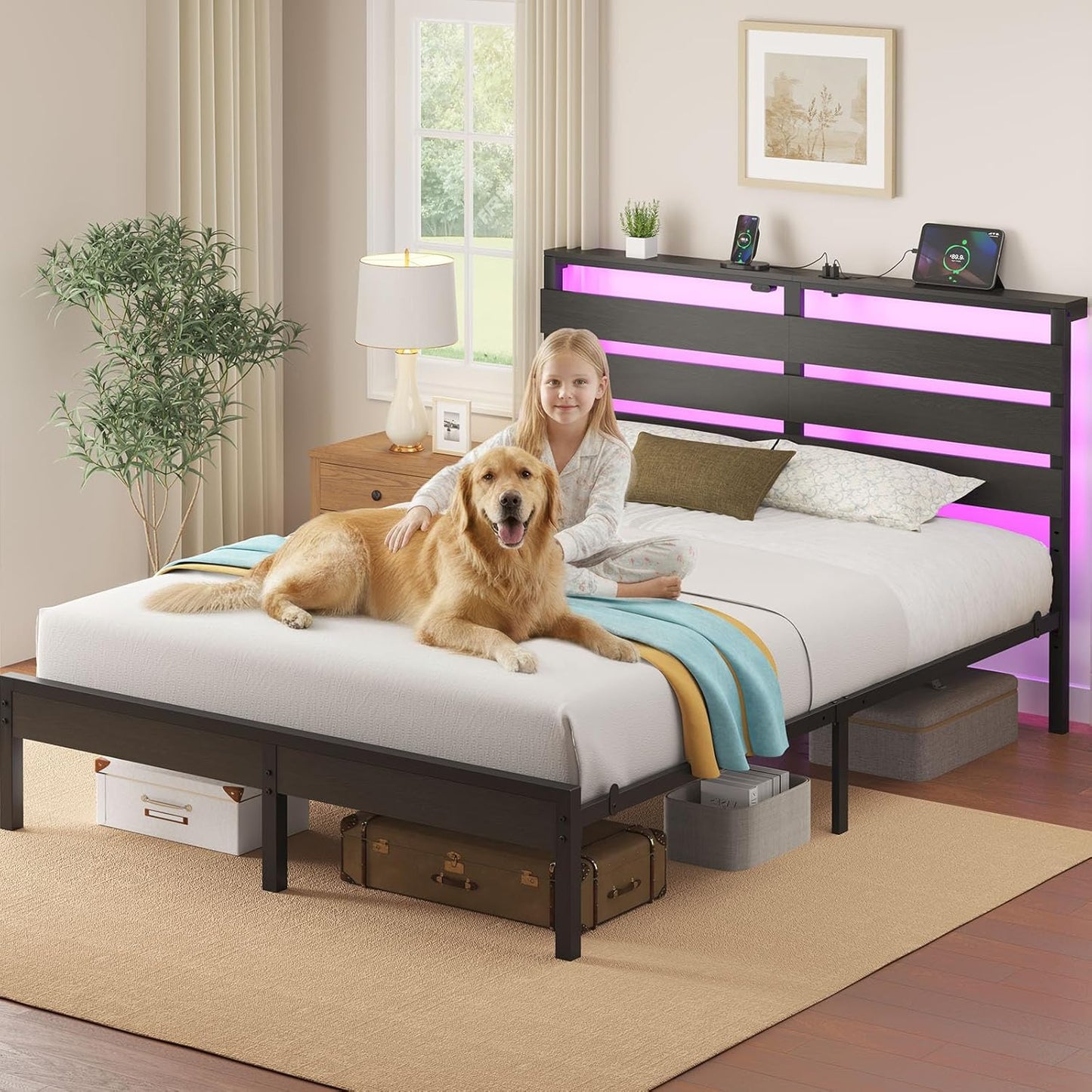 Rolanstar Full Size Bed Frame - LED Platform Bed with USB Charging Station & Wood Storage Headboard - Black