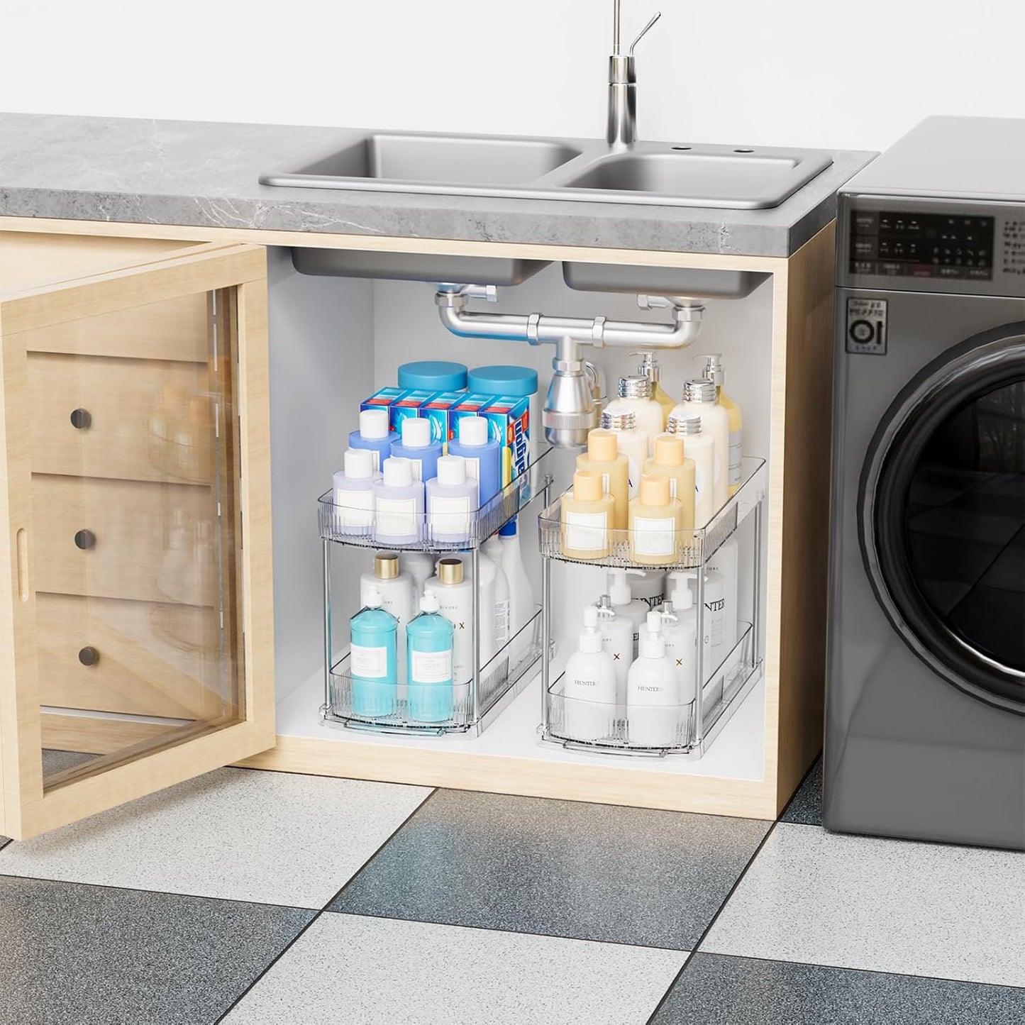 Skiennix Large Pull-Out Bathroom Organizers - 2 Tier 12.8" Tall Acrylic Under Sink Storage