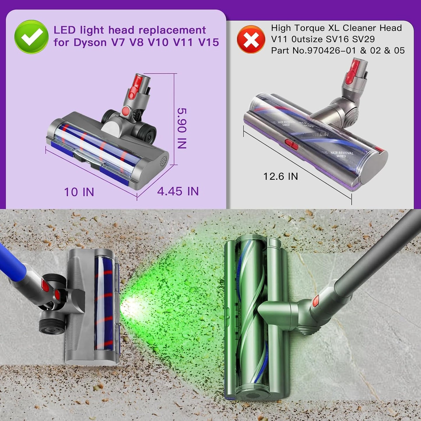 Lemige LED Green Light Head for Dyson V7 V8 V10 V11 V15 | Quick Release, Anti-Tangle Soft Brush Roller for All Floors