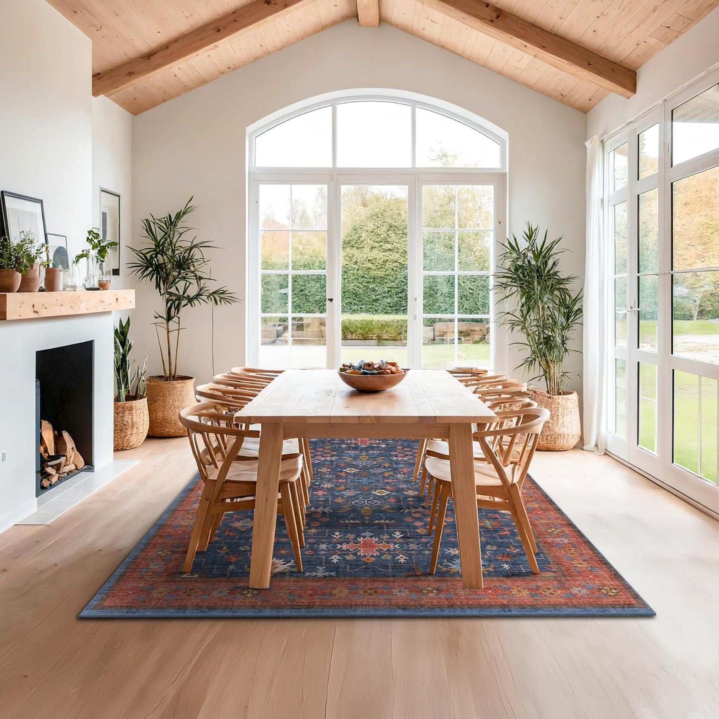 Large Area Rugs by Navy Blue | 8x12 Geometric Floral Design - Washable Low Pile Soft Carpet for Living Room & Dining Room