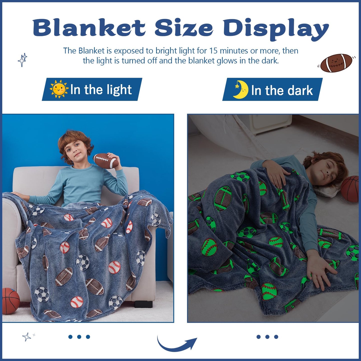 QSTEHEML Soccer Glow in The Dark Blanket,Football Gifts Toys for Kids Boys Age 3-12 Years Old, Birthday Gifts Luminous Sports Throw Blanket 50"×60"