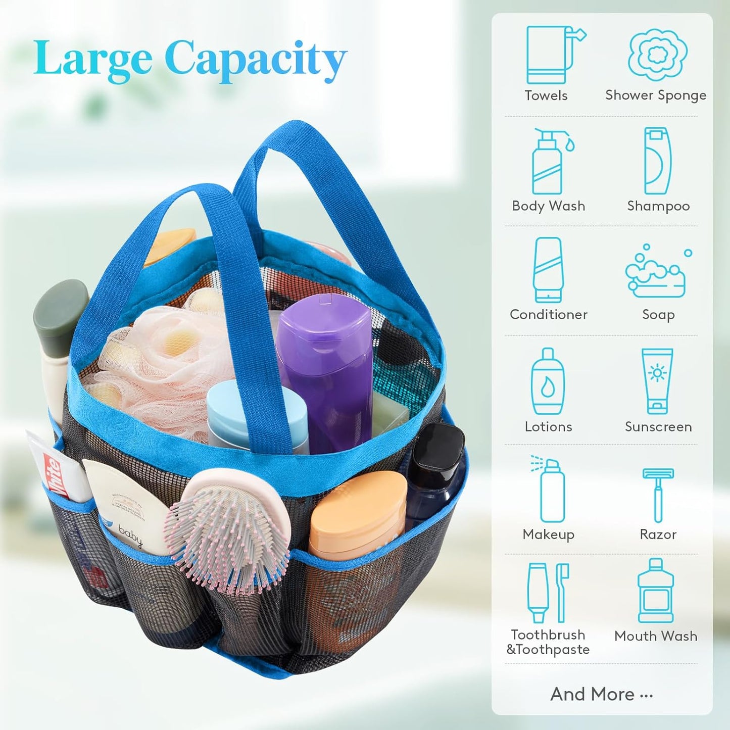 Lifewit Mesh Shower Caddy - Portable 7-Pocket Organizer Tote for College Dorms & Travel - Blue