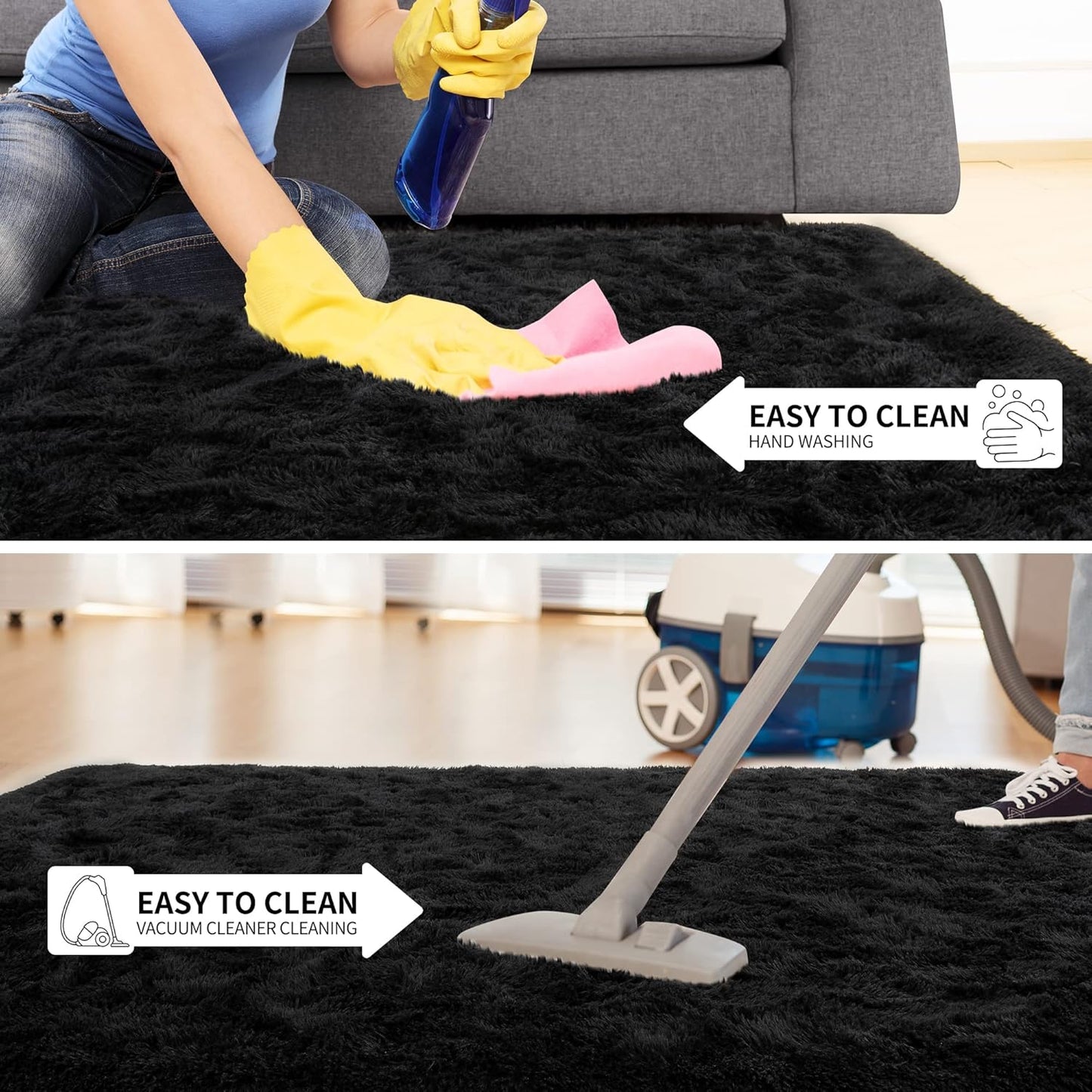 Tepook Super Soft Fluffy Rug - Modern Shaggy Fuzzy Indoor Carpet | Non-Slip, Black, 4 x 6 Feet