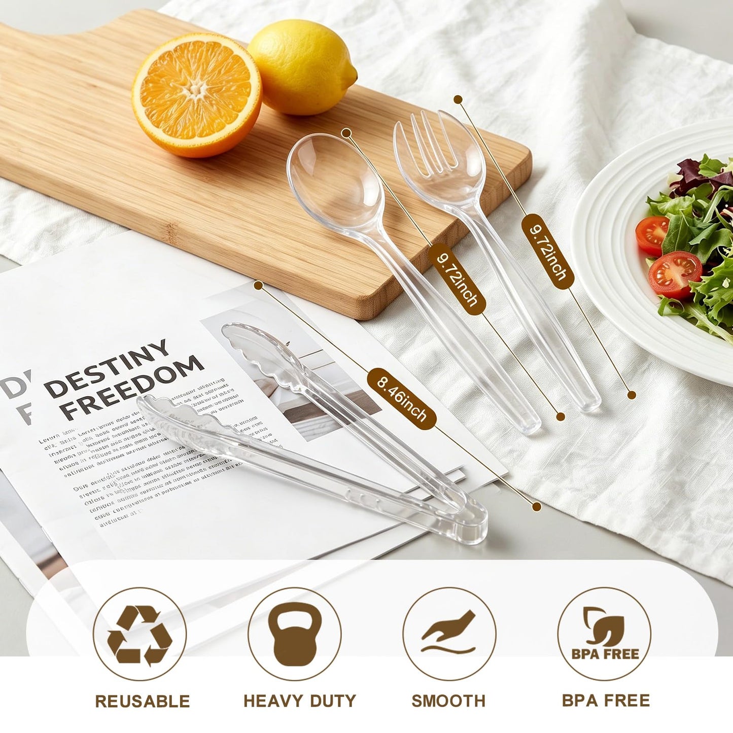 Dualshine 24 Pcs Disposable Clear Plastic Serving Utensils, 8 Set Including Plastic Serving Spoons, Tongs, and Forks for Dinner Parties, Buffets, Banquets, Events, Weddings, and Daily Use
