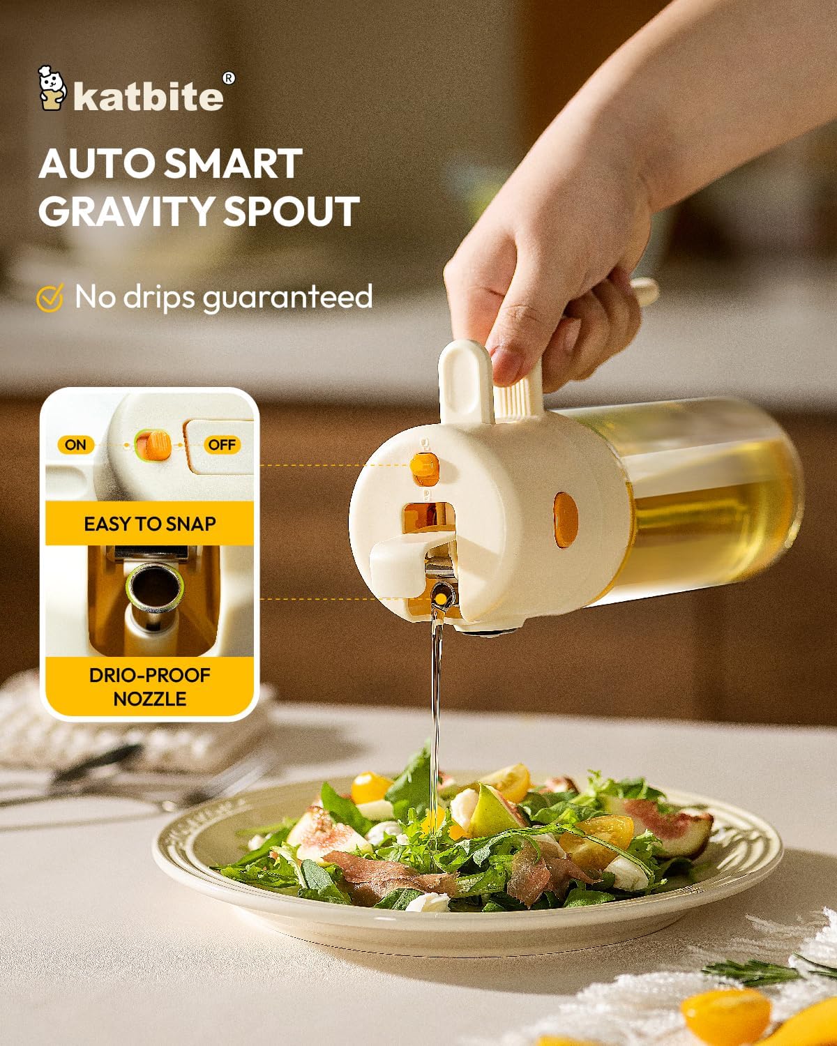 Katbite Olive Oil Dispenser Bottle - 2-in-1 Glass Oil Bottle & Sprayer | Non-Drip Leak-Proof Design, 18.6 oz, Cream White