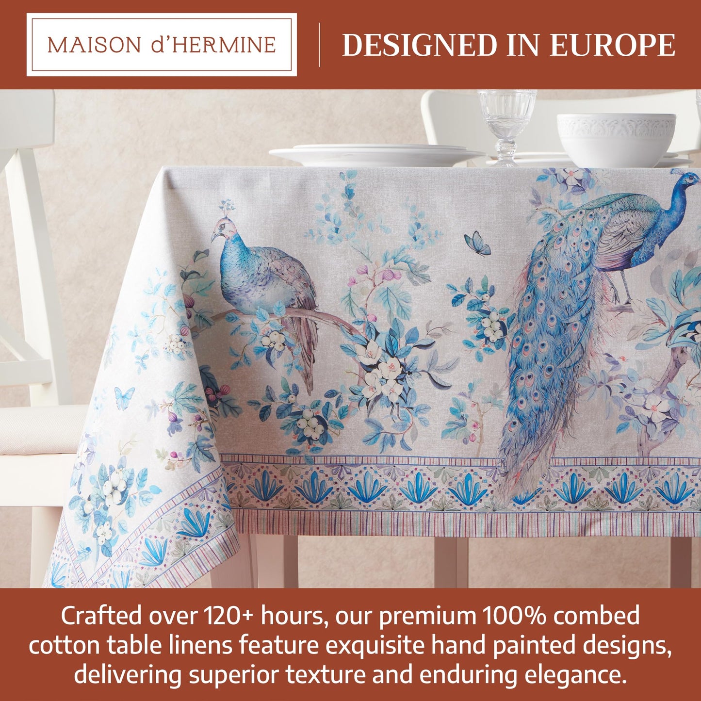 Maison d' Hermine Premium Table Cloth Square Table 100% Combed Cotton 70 x 70 Inches Tablecloth Reusable Decorative for Dining Room, Farmhouse, Party, Festive & Wedding - Peacock Utopia - Orginal