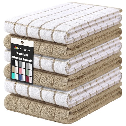 Homaxy Premium Cotton Kitchen Towels 16"x 28", Large Natural Ring Spun 390 GSM Dish Towels, Super Absorbent Terry Kitchen Hand Towels, Soft Tea Towels with Hanging Loop, Tan Check Design, 6 Pack