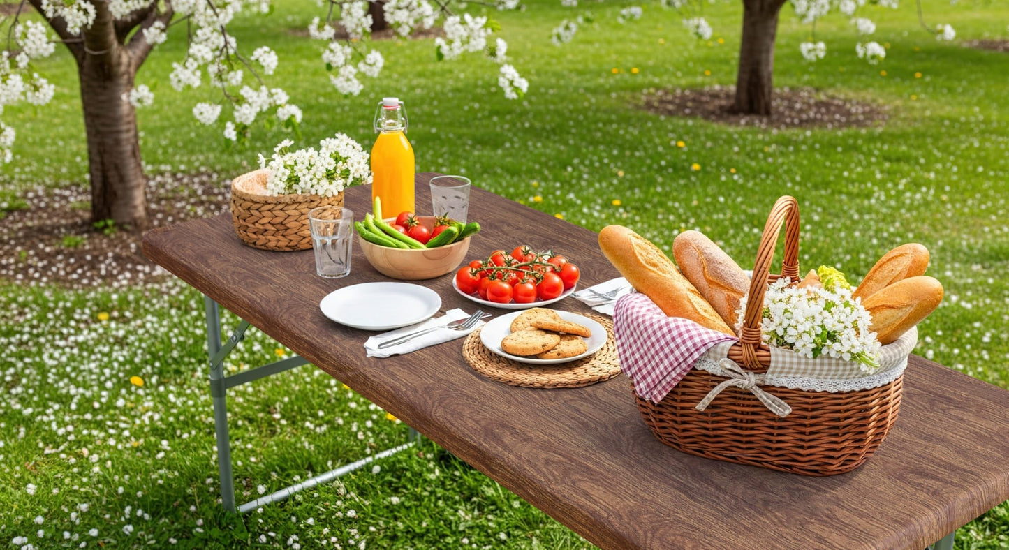 misaya Rectangle Vinyl Tablecloth, Fitted Table Cover, Waterproof, Elastic Edge, Plastic Table Cloth Fit 6 Foot Folding Tables for Picnic, Indoor and Outdoor (Oak Wooden Grain, 30 x 72 inch)