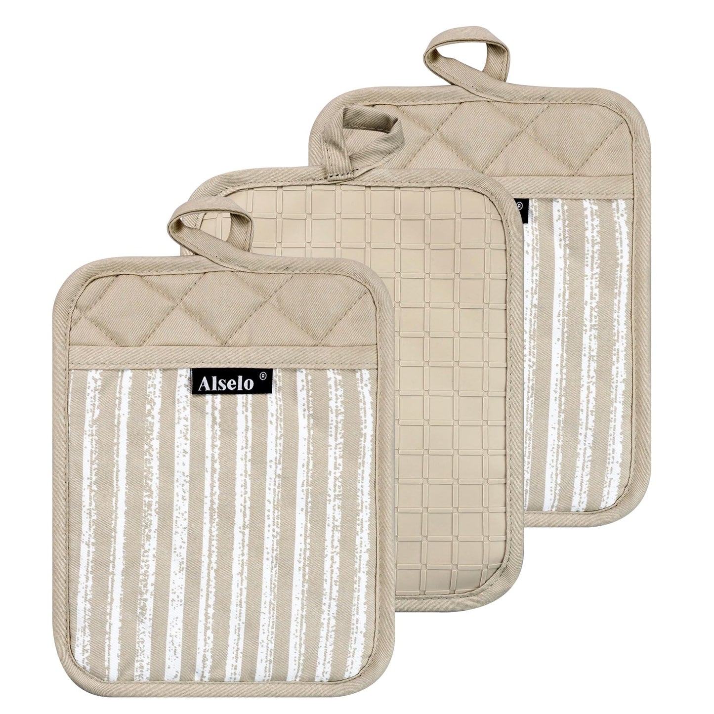 Alselo Silicone Pot Holders Set of 3 Heat Resistant & Non Slip Potholders, Professional Oven Hot Pads with Pockets Mitts for Kitchen Cooking Baking Barbecue (Khaki, 3)