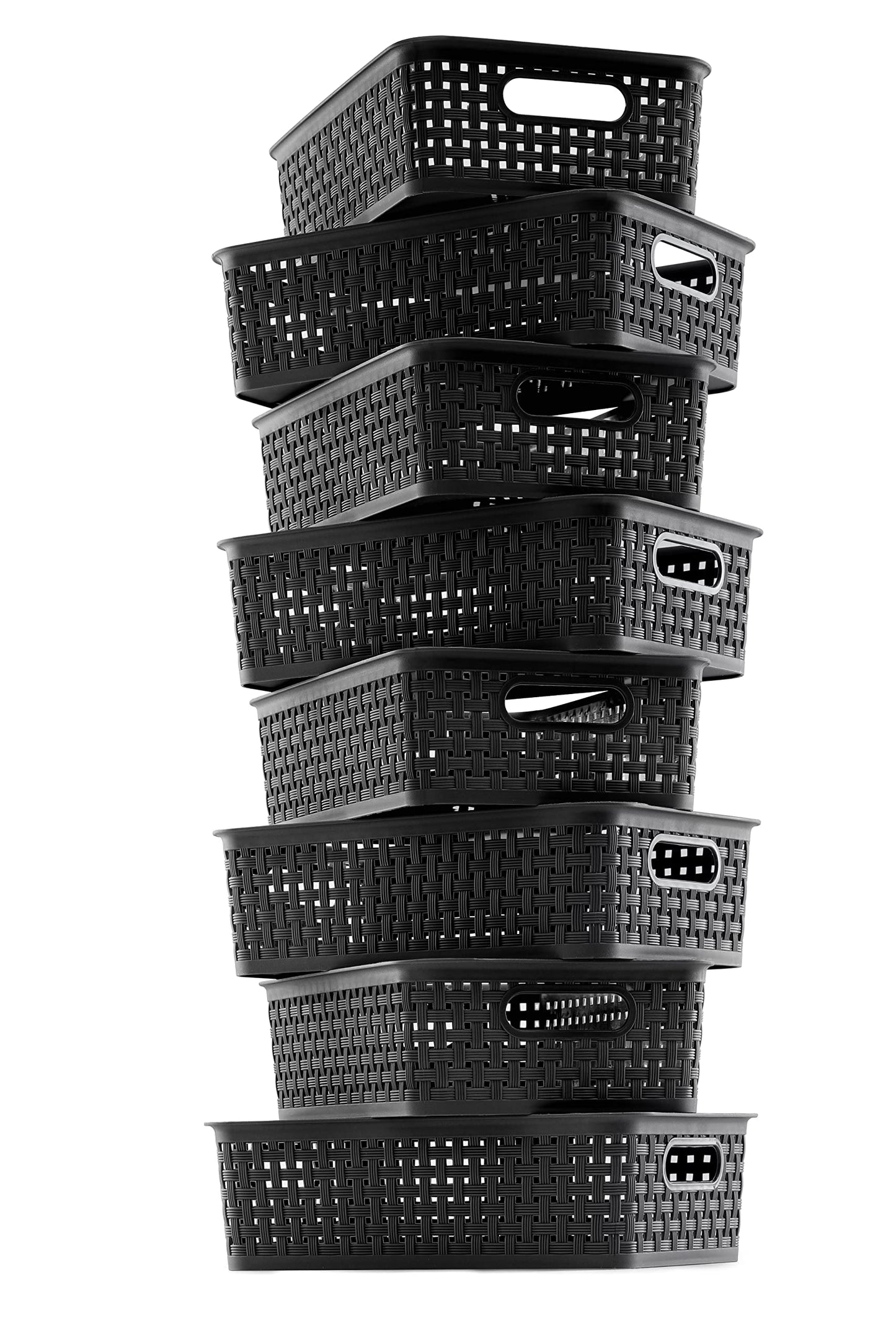 [ 8 Pack ] Plastic Storage Baskets, Small Pantry Organization and Storage Bins, Household Organizers for Laundry Room, Bathrooms, Kitchens, Cabinets, Countertops, Under Sink or Shelves, Black