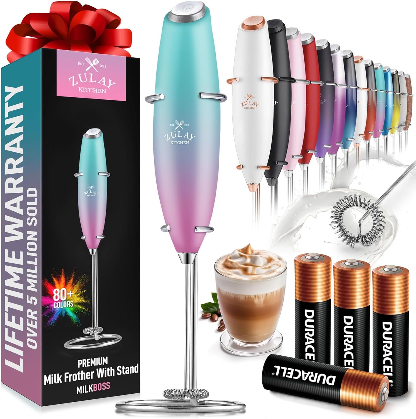 Zulay Kitchen Milk Frother Wand - Ultra Fast Handheld Electric Whisk for Coffee & Lattes - Pink Spritz
