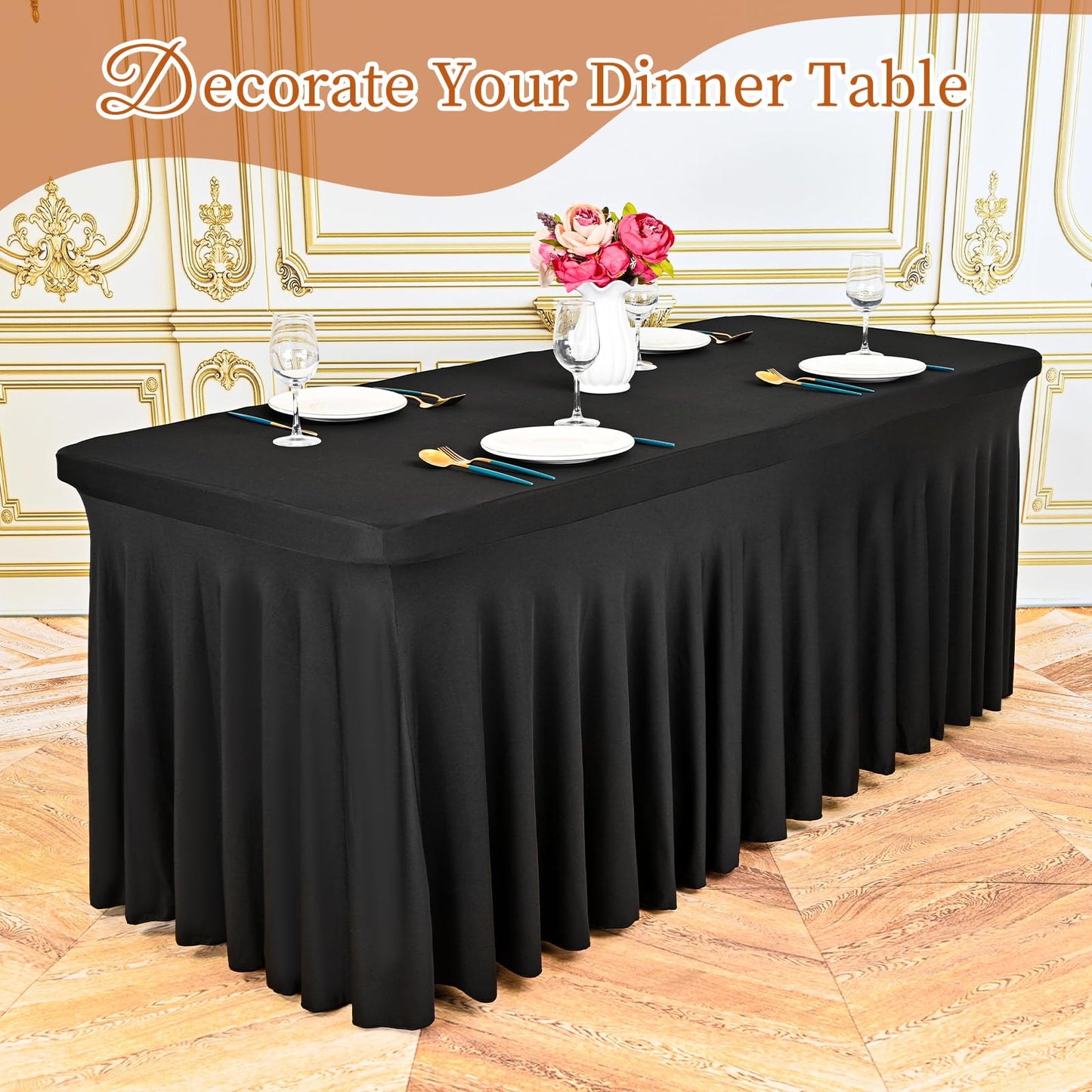 Pesonlook 6 Pack Spandex Table Skirt for 8 Ft Rectangle Tables, Black Fitted Stretch Tablecloth 30 x 96 Inch, Wrinkle Resistant Ruffle Design for Wedding Banquets, Birthday Party, Parties