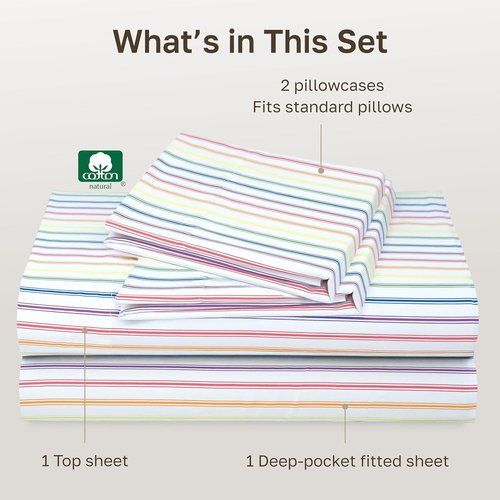 California Design Den Full Cotton Sheet Set - 100% Soft Sateen, 400 TC, Deep Pockets, Rainbow Stripe
