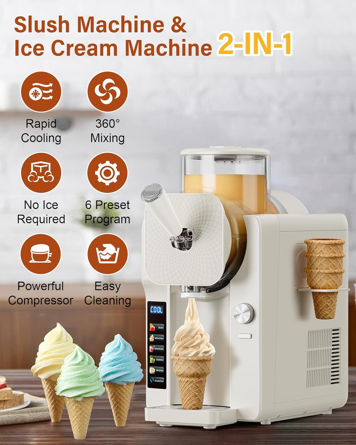 Skiennix Slush Machine & Ice Cream Maker - 2-In-1 With 6 Modes for Smoothies & Cocktails | Self-Cleaning, Home Use