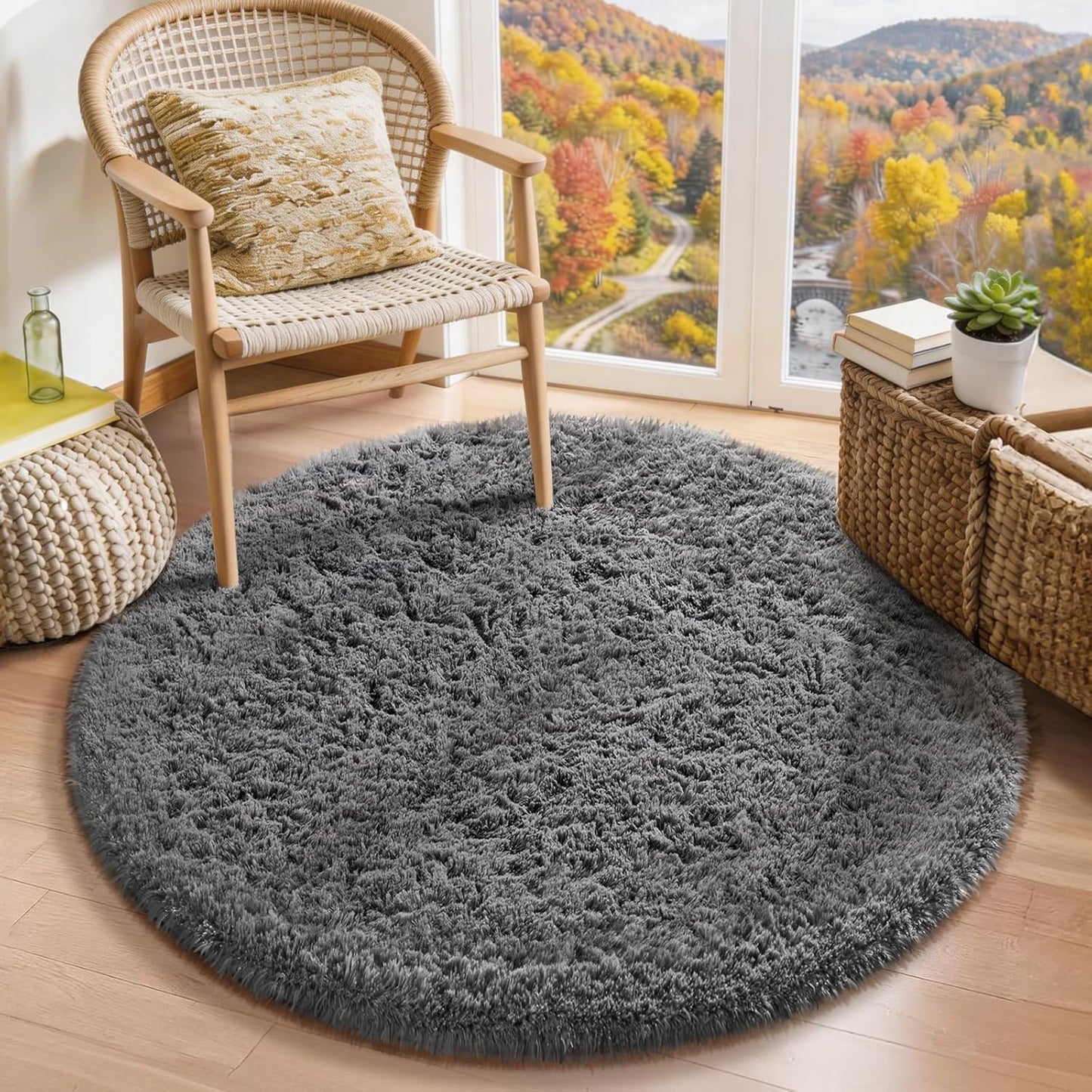 Ophanie Round Rug - Fluffy Grey Circle Area Rug for Bedroom | 3Ft Plush Shag Carpet for Kids & Teens