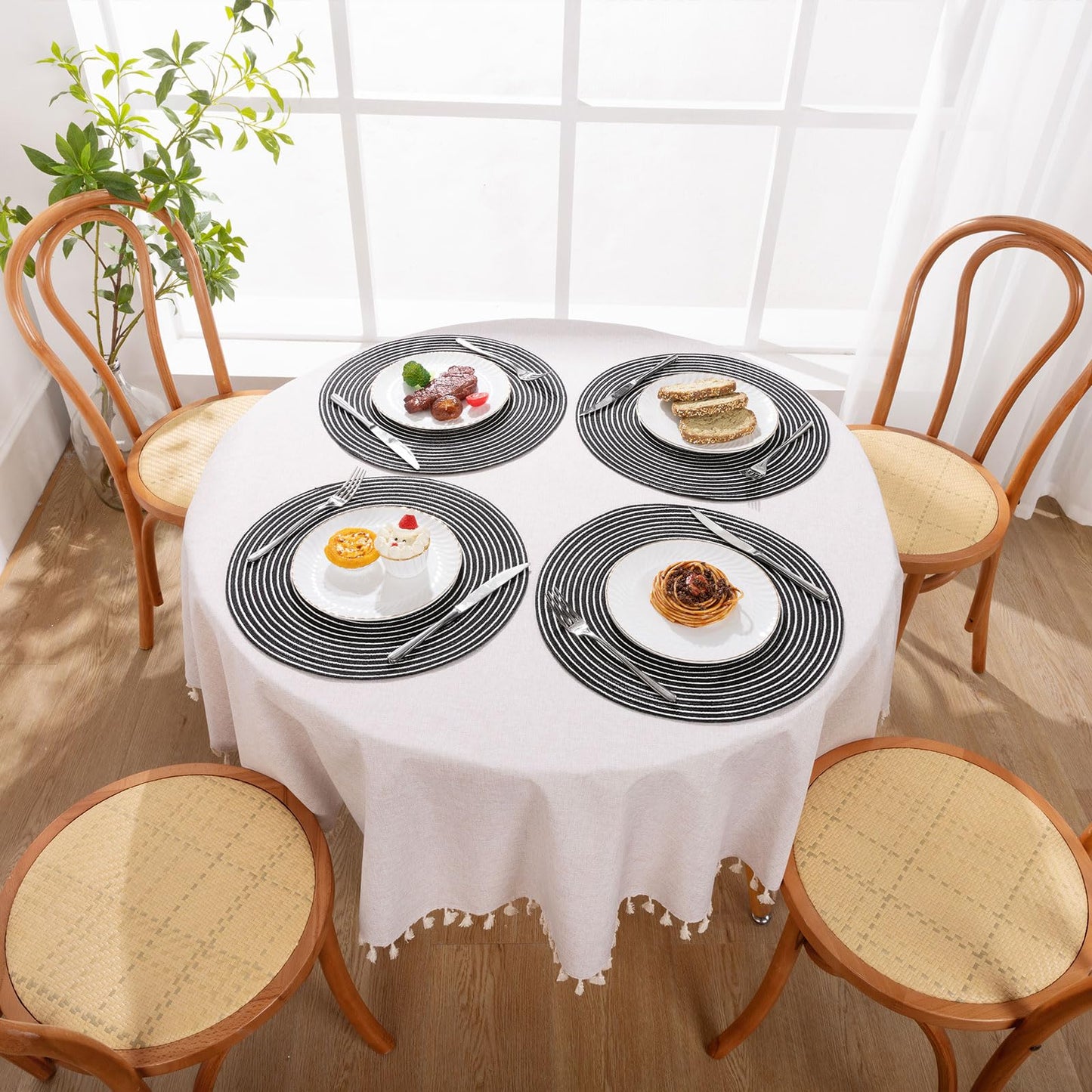 SHACOS 15 inch Round Braided Placemats Set of 6 Non Slip Washable Fabric Kitchen Table Place Mats Heat Resistant Table Mats for Home Wedding Party, Black White