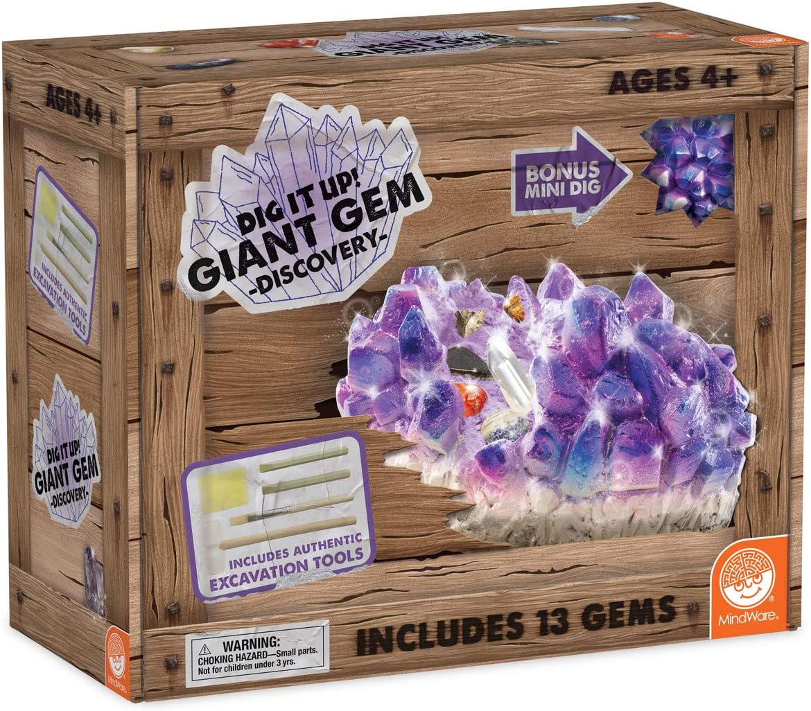 MindWare Dig It Up Giant Gem Discovery Kit - Engaging Geology Experience for Kids | 12 Real Polished Gemstones, Tools & Poster - Ages 4+