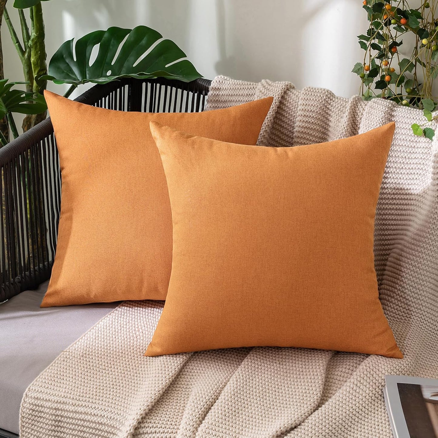 MIULEE Decorative Outdoor Throw Pillow Covers - Waterproof Faux Linen Cushion Cases | 18x18 Inch, Brown (Pack of 2)