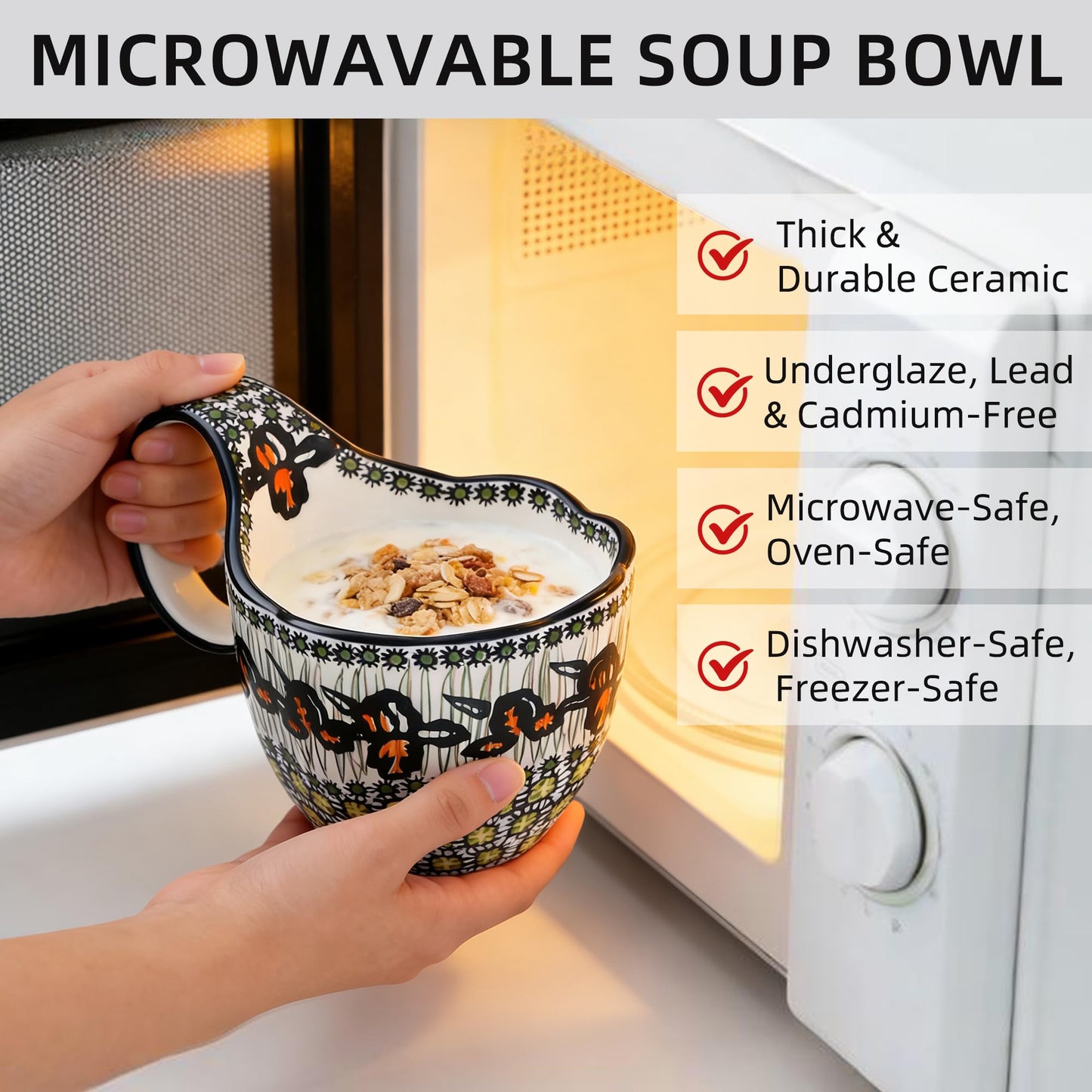 ALMA Ceramic Soup Bowls With Handles, 18oz Microwavable Large Loop Handle Mugs, Decorative Handpainted Floral Soup Bowl For Cereal, Oatmeal, Chili, Snack,Fruits,Ice cream-Orange Irene Theme
