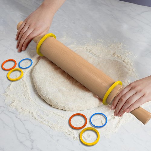 Classic Beechwood Rolling Pin - Multi-Color Thickness Rings for Baking | 17” x 2.5” with Handle
