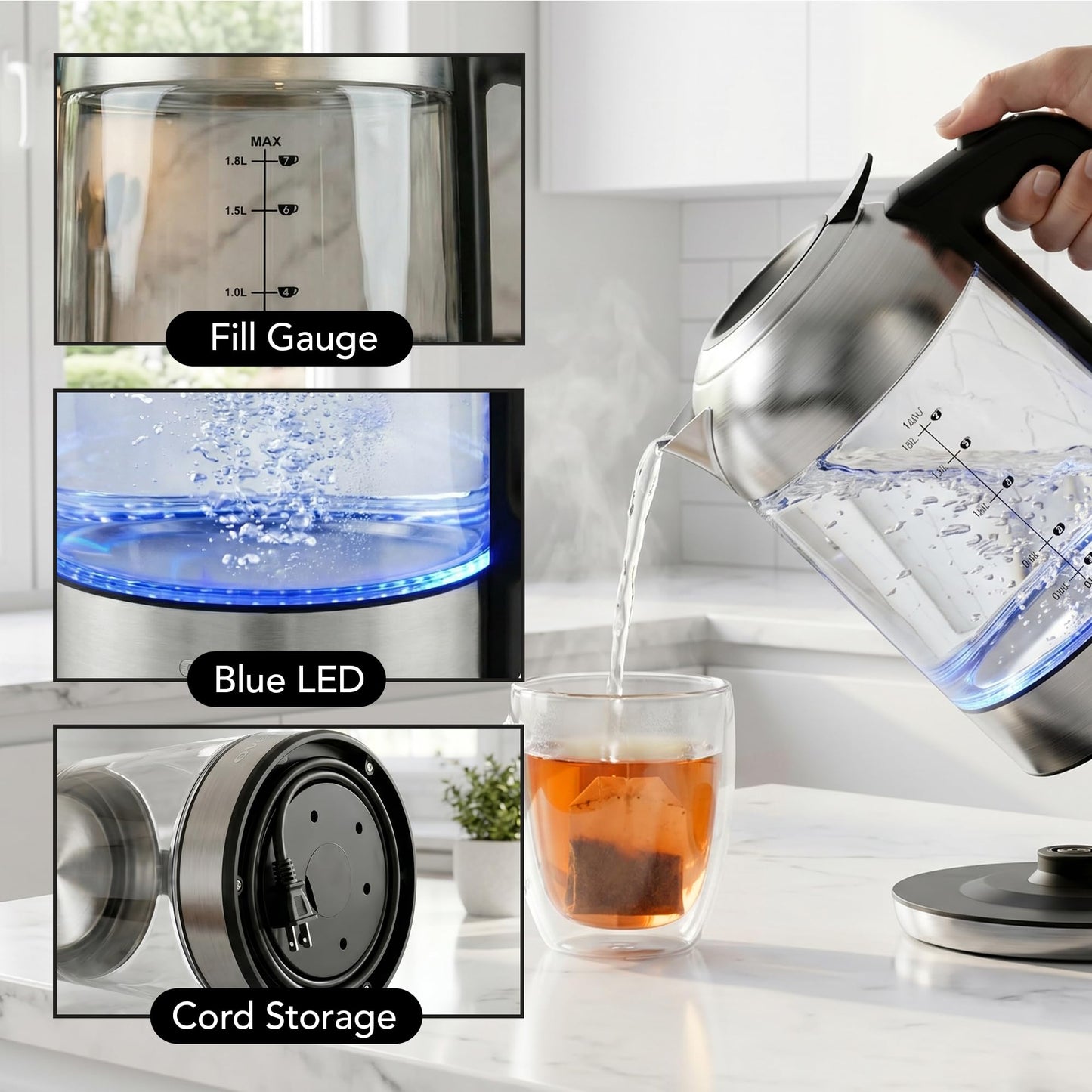 OVENTE Electric Kettle, 1.8L Glass Tea Kettle & Stainless Steel BPA-Free Cordless Electric Kettle, 1500W Fast Boil Electric Pot with Easy-Fill Lid, Auto Shut-Off & Boil Dry Protection, Silver KG751S