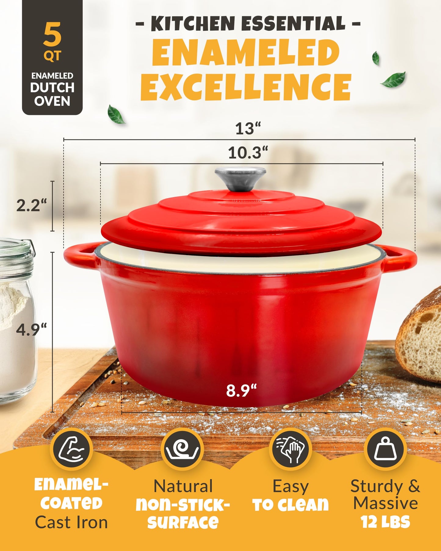 CRUSTLOVE Dutch Oven for Bread Baking - incl. Sourdough Bread-Baking Supplies like Banneton Bread-Proofing Basket - 5QT Enameled Cast Iron Bread-Oven with Lid, Bread-Pan Sour Dough Starter Kit