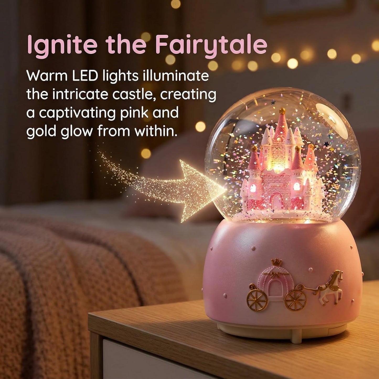 Skiennix Music Box - Crystal Carousel Rotating Unicorn Snow Globe with Colorful LED Light | Castle Pink