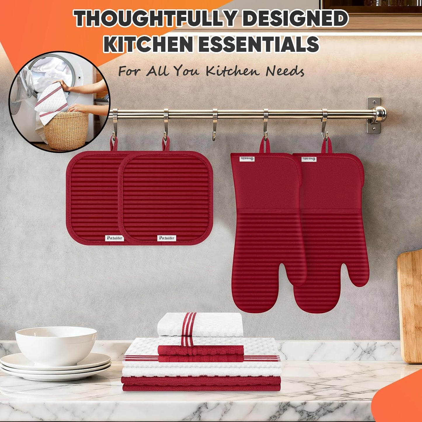 Skiennix Oven Mitts Set - 500°F Heat Resistant Gloves with Silicone Grip & Kitchen Towels | Red