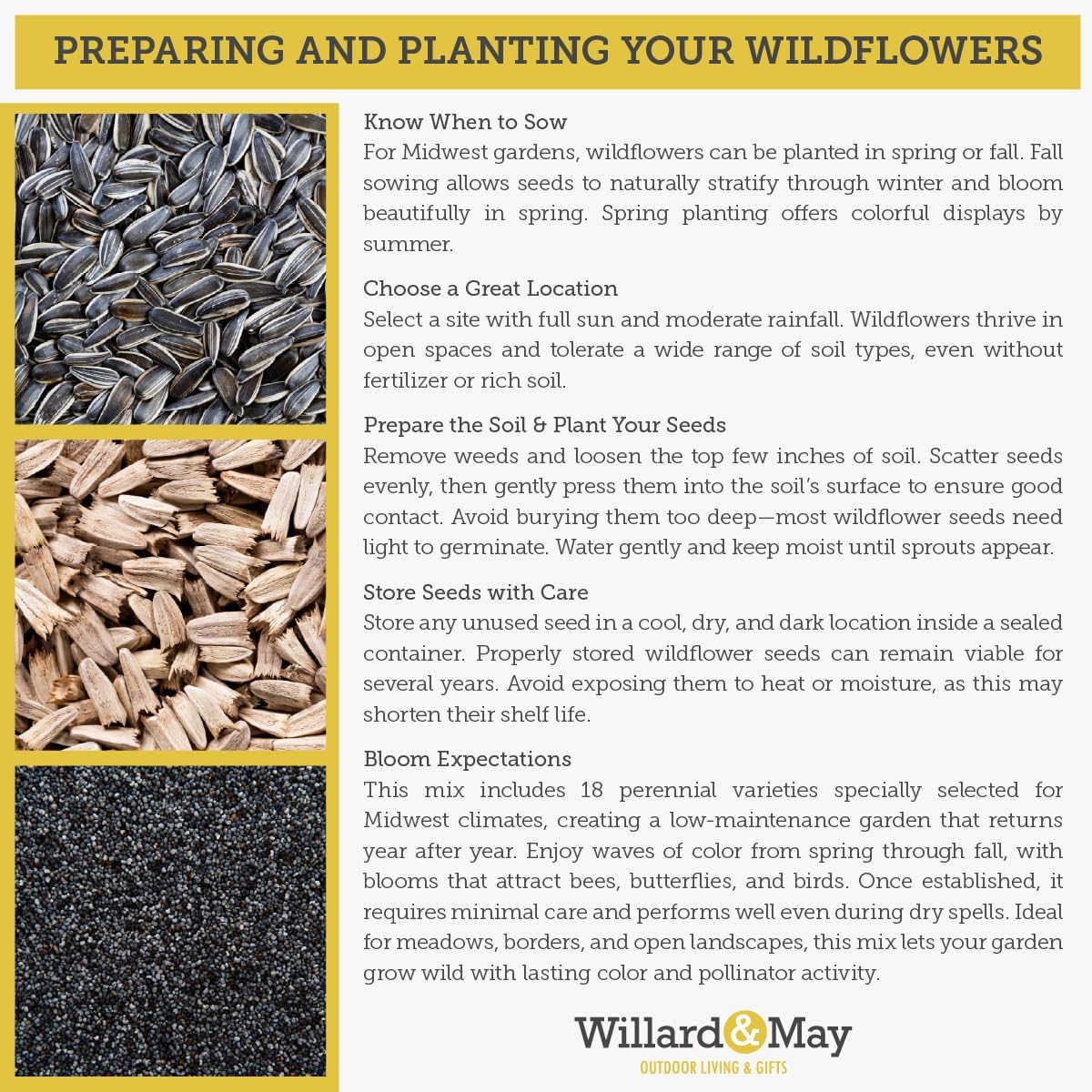 Willard & May Wildflower Seed Mix - 25,000+ Bulk Seeds | 18 Varieties, Pollinator Friendly, Easy Sow
