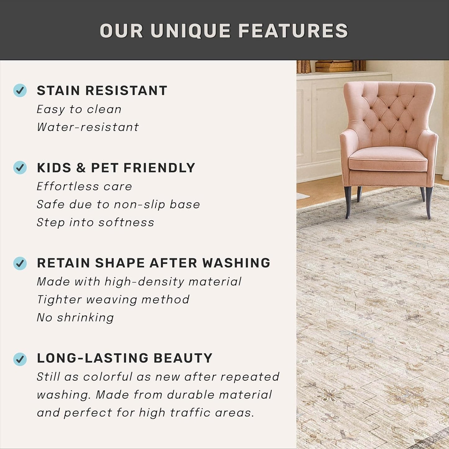 Washabel Ivory Modern Area Rug - 9x12 Low Pile Floral Carpet for Living Room & Dining Room