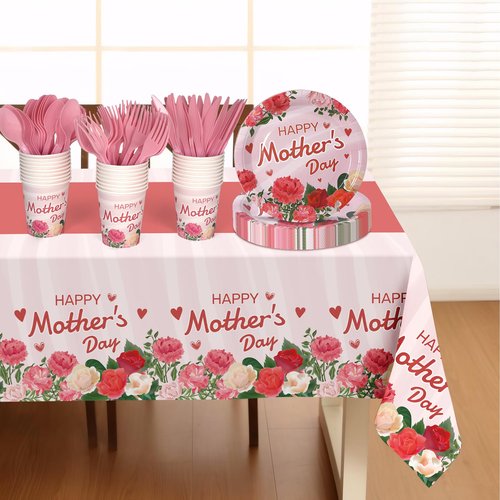 Childom Mothers Day Decorations for Party,132 Pcs Disposable Mothers Day Plates Tablecloth Cups Knives Spoons Forks for Party Supplies,Plates Tableware for Moms Birthday,Home,Brunch,Dinner,Serves 26