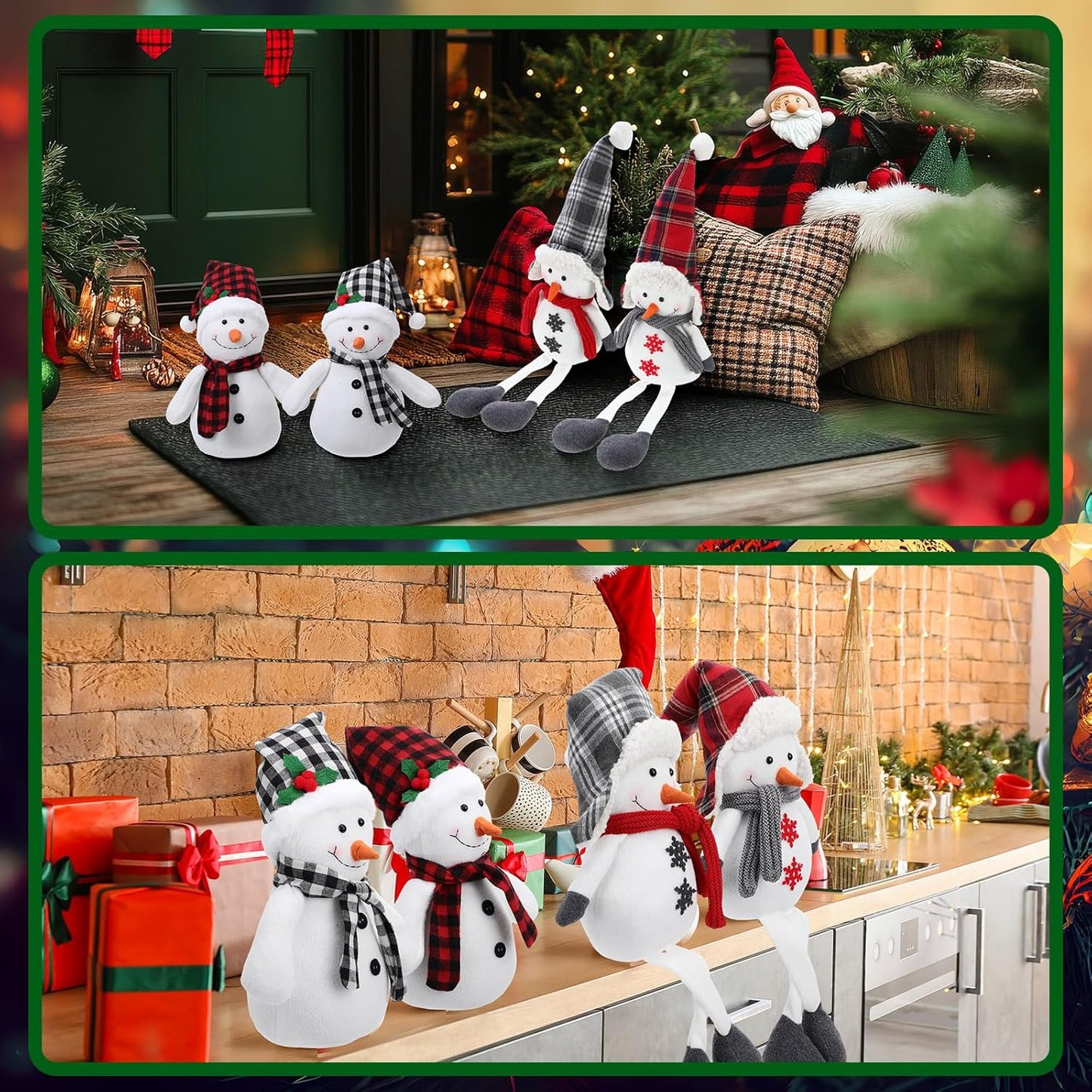Yuntau Plush Snowman Decor - 4 Pack Sitting Winter Snowmen with Scarf & Hat | Rustic Holiday Ornaments
