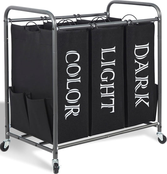Storage Maniac 3-Section Laundry Sorter - 35.9 Gal Rolling Hamper Cart with Lockable Wheels & Removable Bag - Black