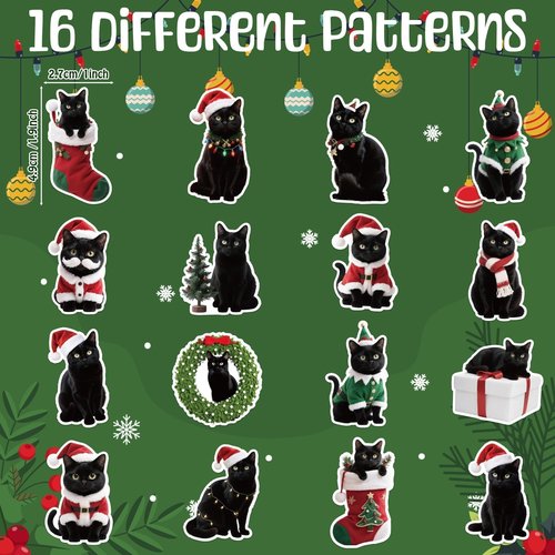 BkeeCten Christmas Black Cat Stickers - 600 Pcs Christmas Black Cat Waterproof Vinyl Reusable Laptop Stickers Coloring Book Scrapbook Water Bottle Page Activity Pad Party Favors Skateboard Giftwrap