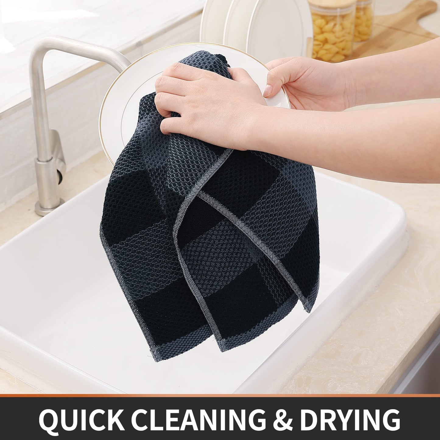 Homaxy 100% Cotton Waffle Weave Check Plaid Kitchen Towels, 13 x 28 Inches, Super Soft and Absorbent Dish Towels for Drying Dishes, 4-Pack, Black & Grey