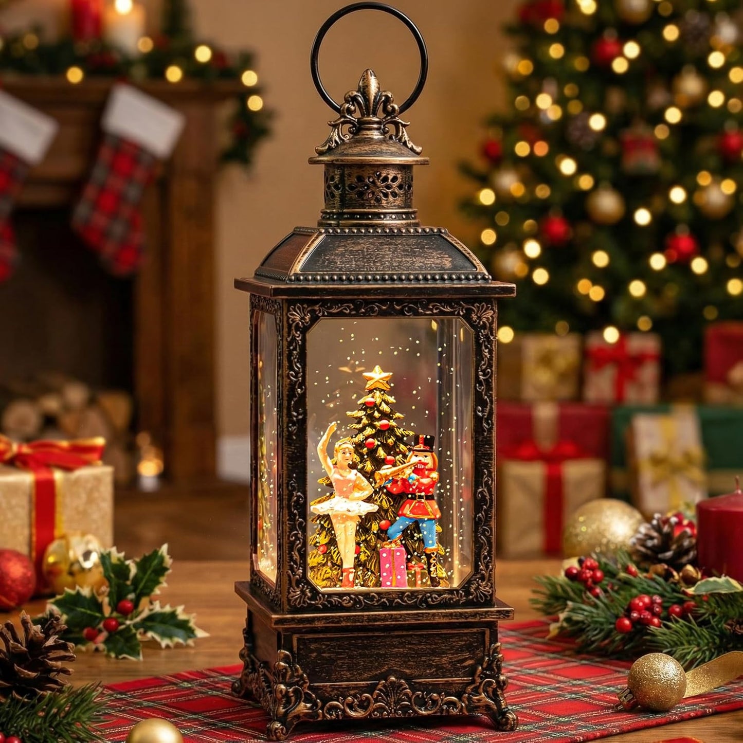 VISFLAIR Christmas Snow Globe Lantern - Musical Nutcracker & Ballerina with Glittering Lights | Battery or USB Powered