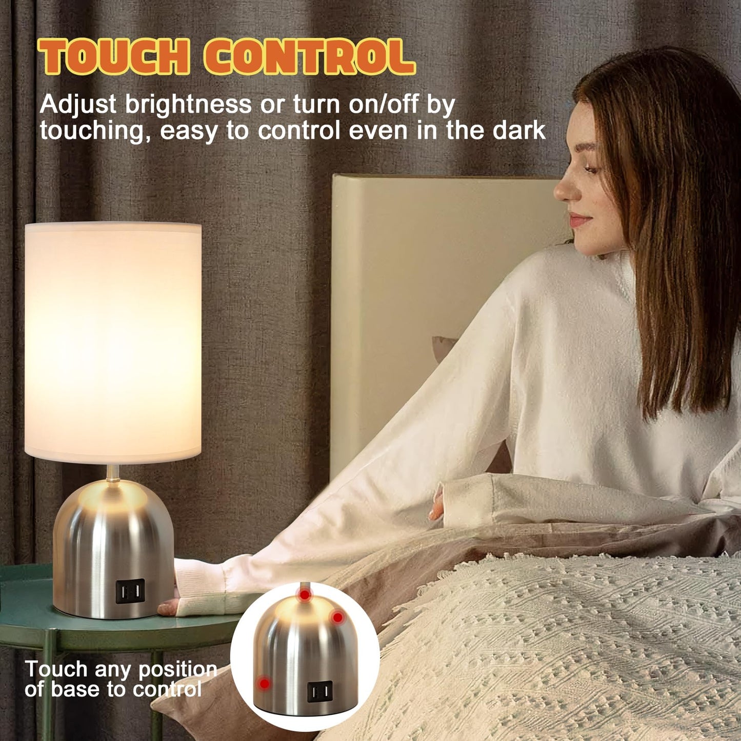Yacoto Touch Control Table Lamp for Bedroom, 3 Way Dimmable Modern Silver Bedside Lamps with 2 USB Charging Ports with Metal Base Fabric Shade for Nightstand, Office, Living Room(Bulb Included)