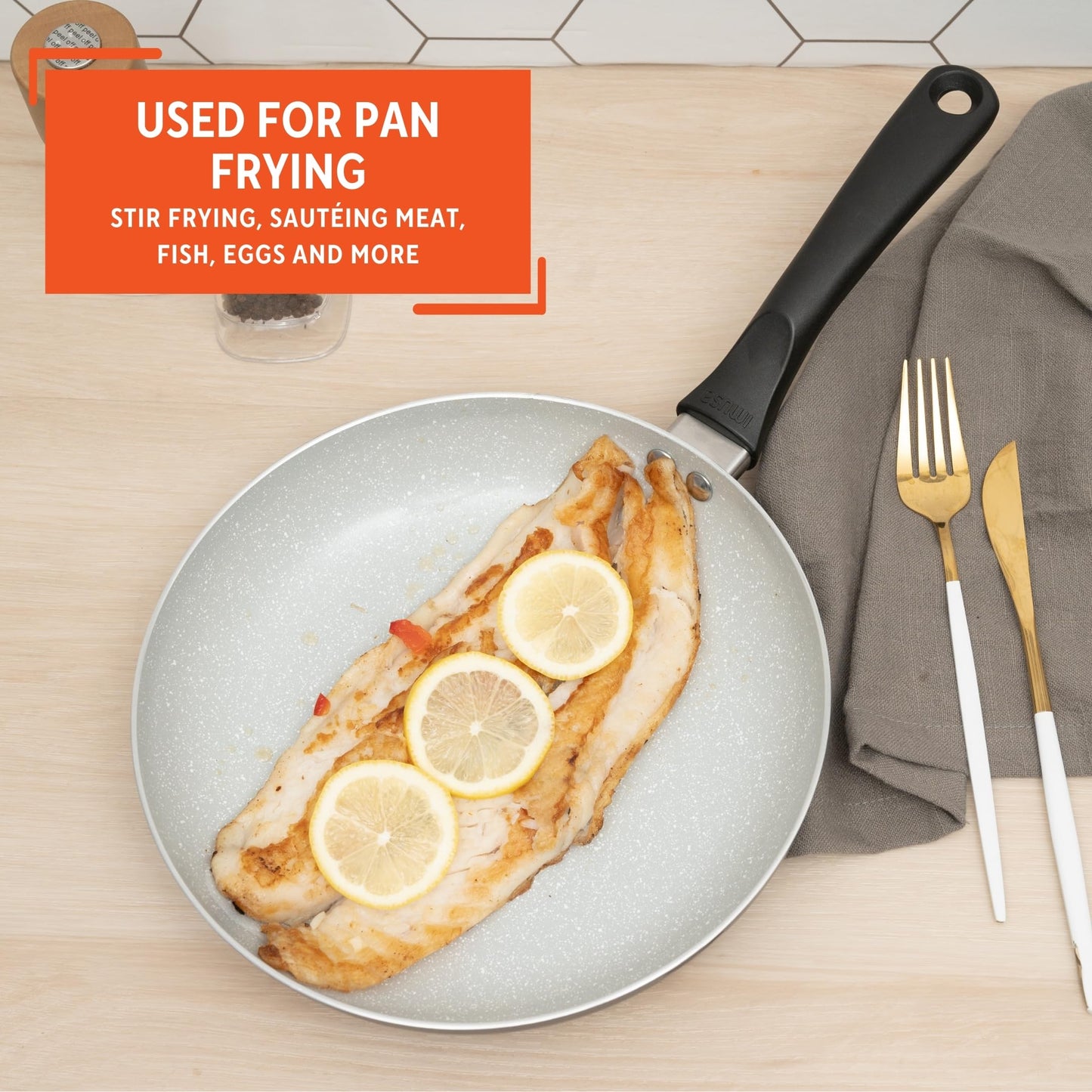 IMUSA Premier Ceramic Nonstick Frying Pan 9.5 in Aluminum Skillet with Cool Touch Handle Gray Speckled Coating Matte Black PTFE-Free Dishwasher Safe for Healthy Cooking