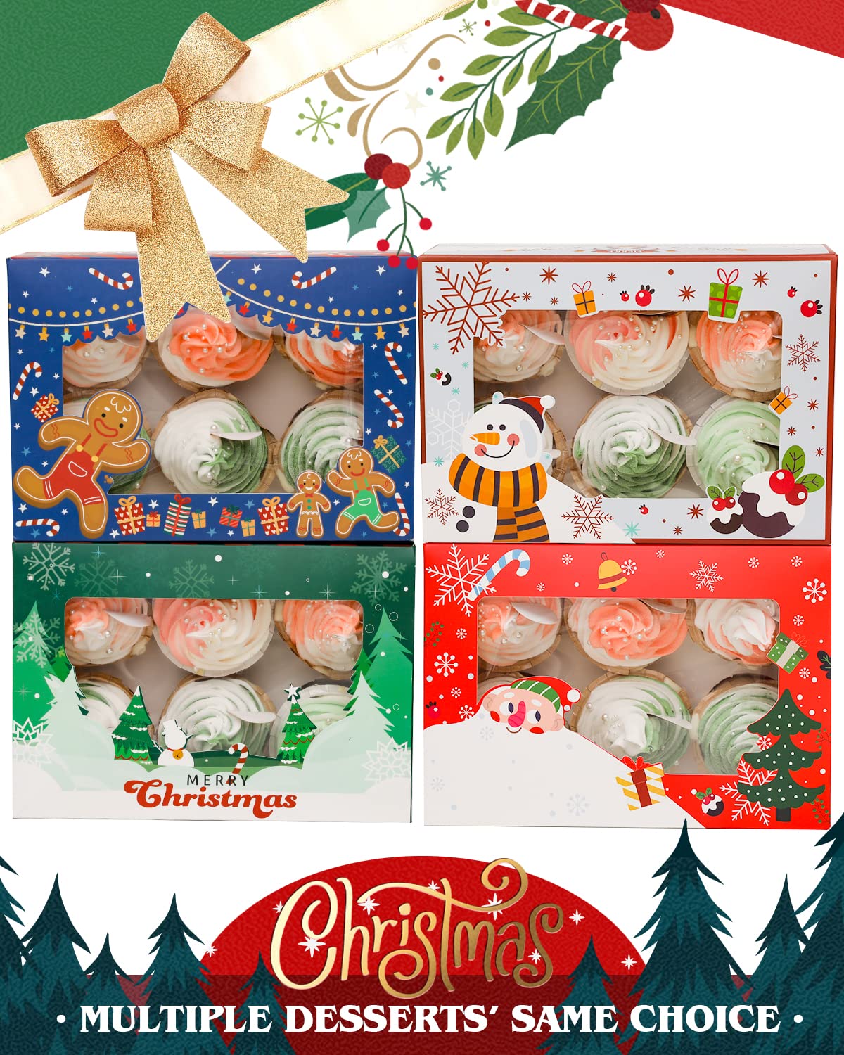 qiqee Christmas 6 Cupcake Boxes with Window 30 Packs Cupcake Box 9.4x6.1x3 inch Bakery Boxes For Cupcakes Carrier, Cupcake Containers