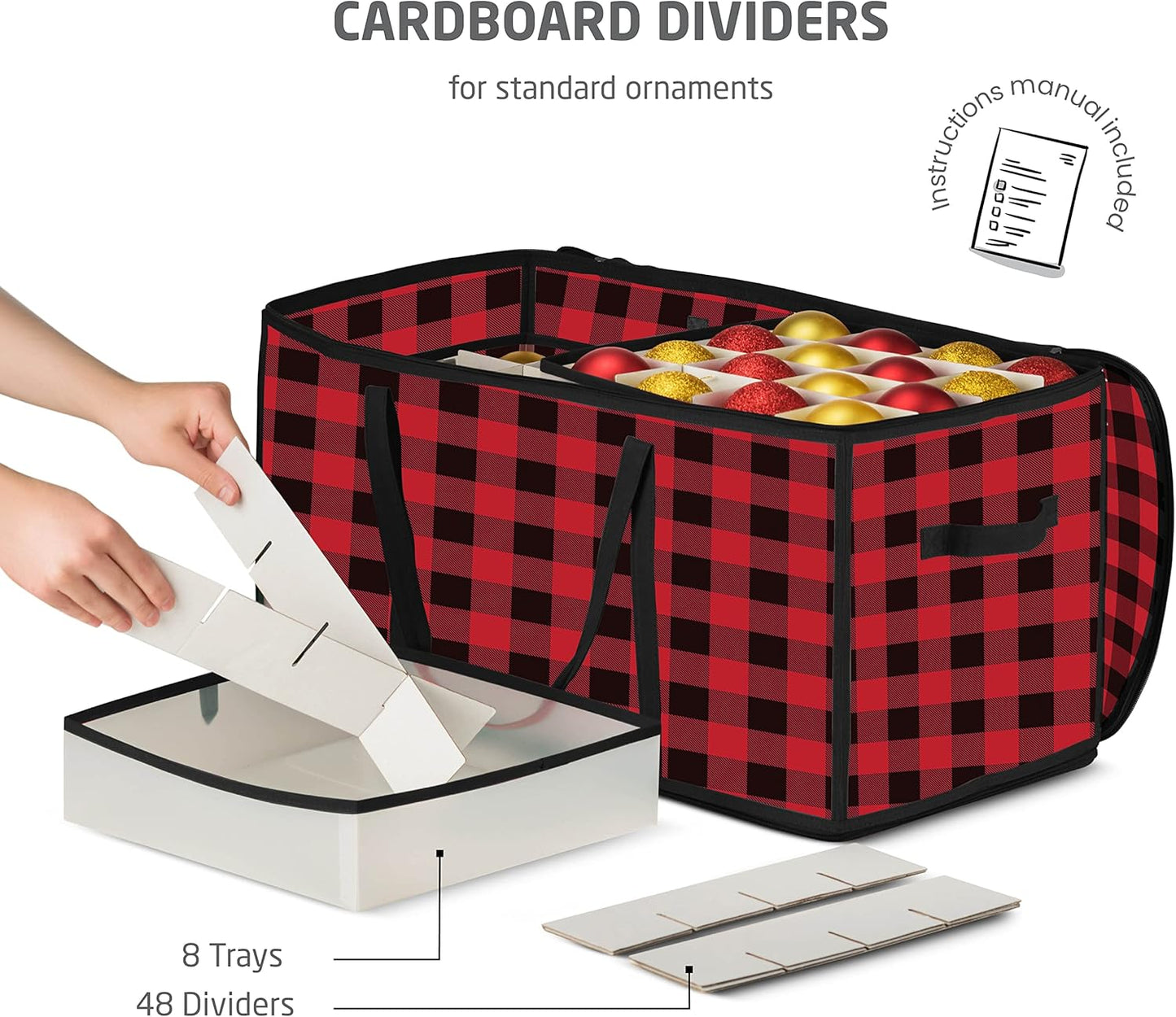 ZOBER Christmas Ornament Storage Box - Durable Plastic Organizer for 128 3" Ornaments - Plaid Design