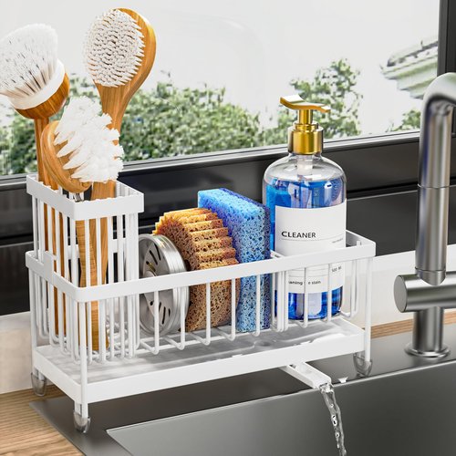 Cisily Sponge Holder for Kitchen Sink, Sink Caddy Organizer with High Brush Holder, Kitchen Countertop Organizers and Storage Essentials, Rustproof 304 Stainless Steel (White, 9.25″)