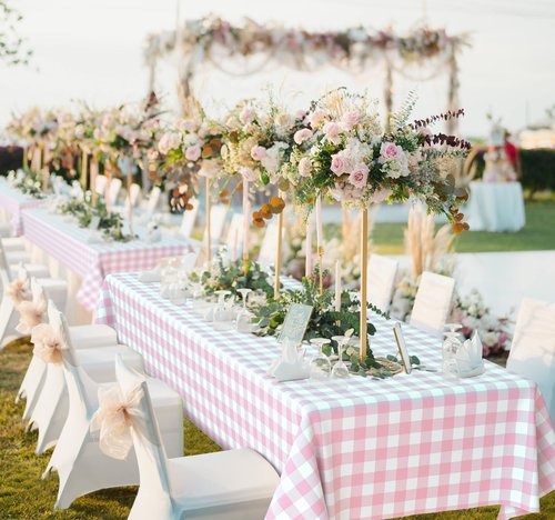 JCTHKUKU 2 Pcs Pink Gingham Tablecloth, Disposable Plastic Pink Checkered Table Cloth, Pink & White Plaid Table Cover for Outdoor Picnic, Wedding, Baby & Bridal Shower, Birthday Party (54 x 108 Inch)