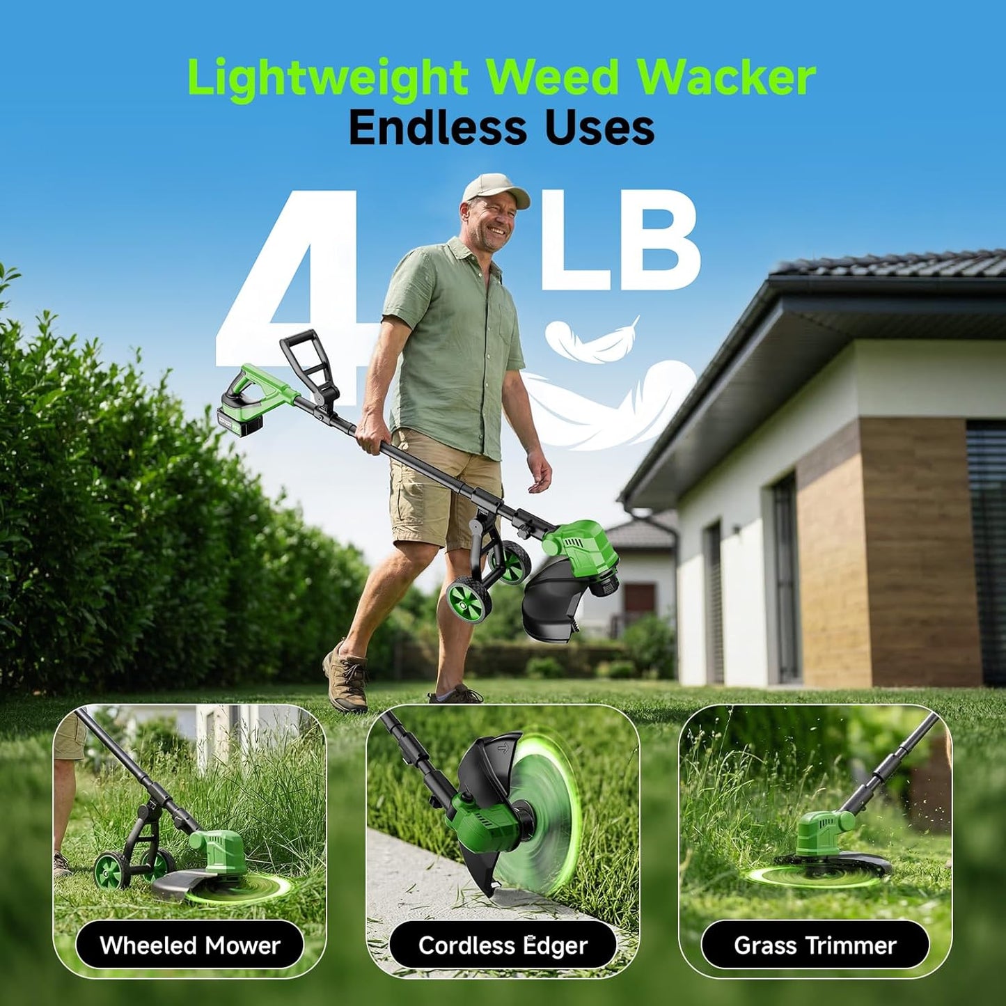 Skiennix 14'' Cordless Electric Weed Wacker - 20000RPM Lightweight String Trimmer with 8 Replacement Spools for Lawn Care